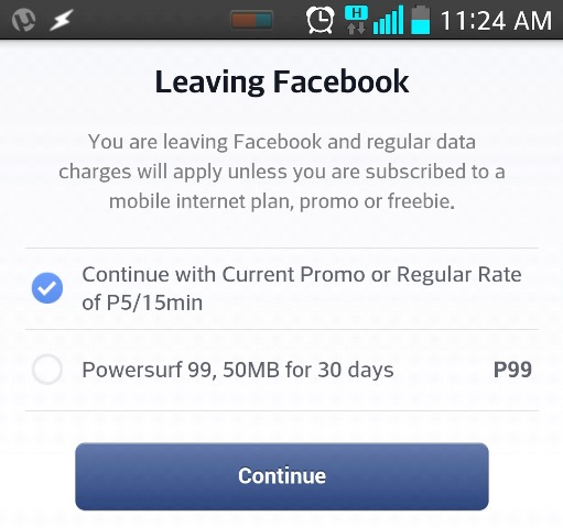 When you click on outside link, Globe/Facebook keeps bugging you whether you want to subscribe to one of their cellular data services.